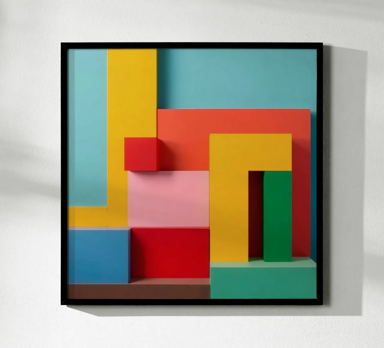 Bright colored geometric shapes create an abstract wall art hahnemühle by DesignDoodle
