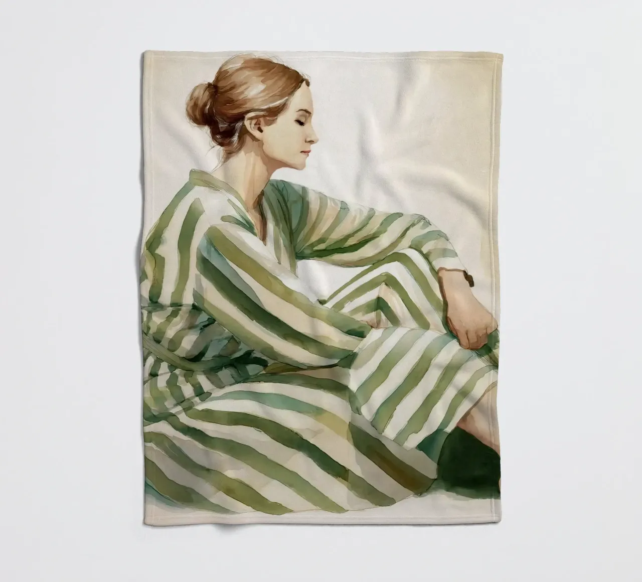 Portrait of a sitting woman in a green striped dress fleece blanket by Take Your Art BV