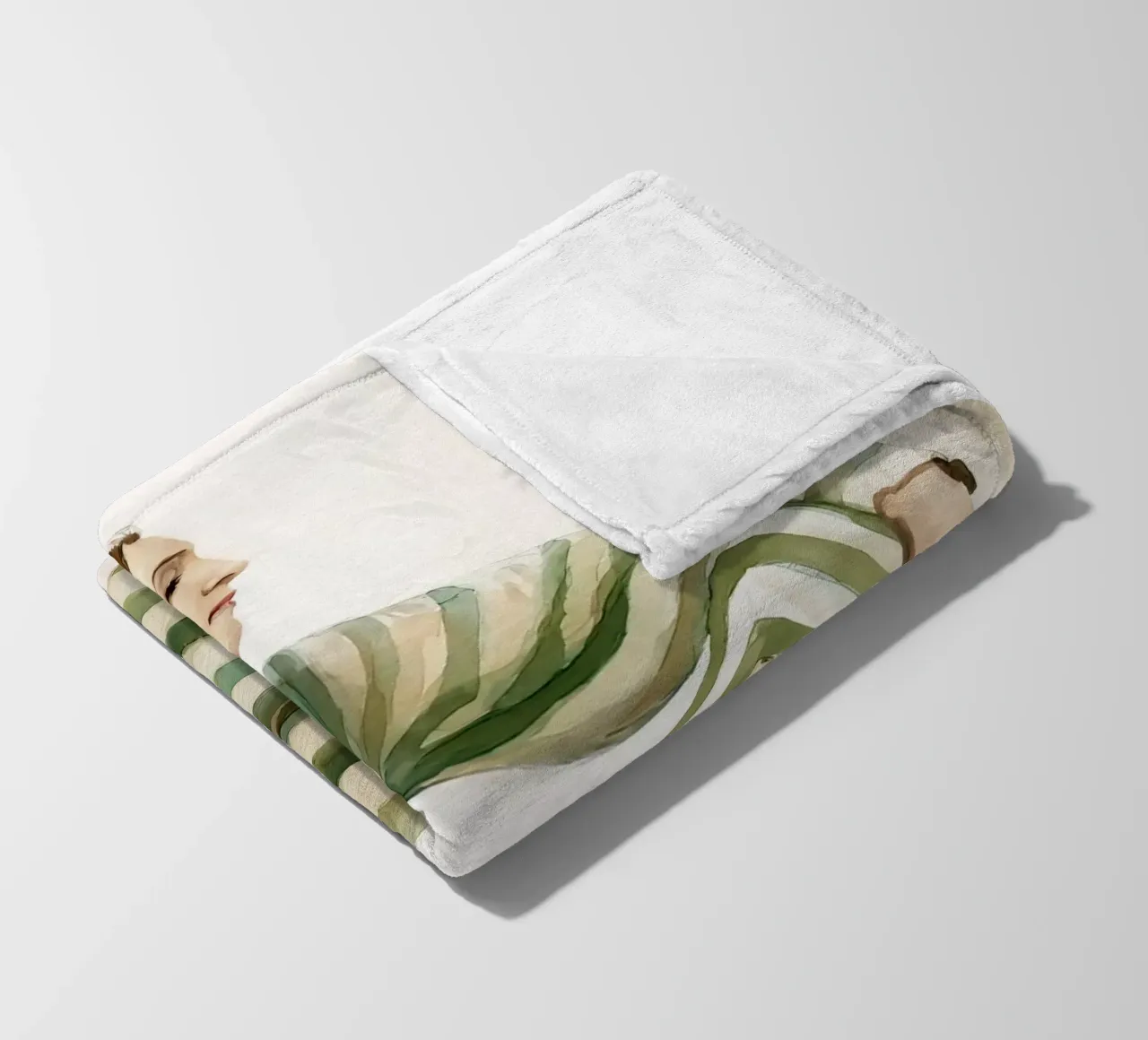 Portrait of a sitting woman in a green striped dress fleece blanket by Take Your Art BV