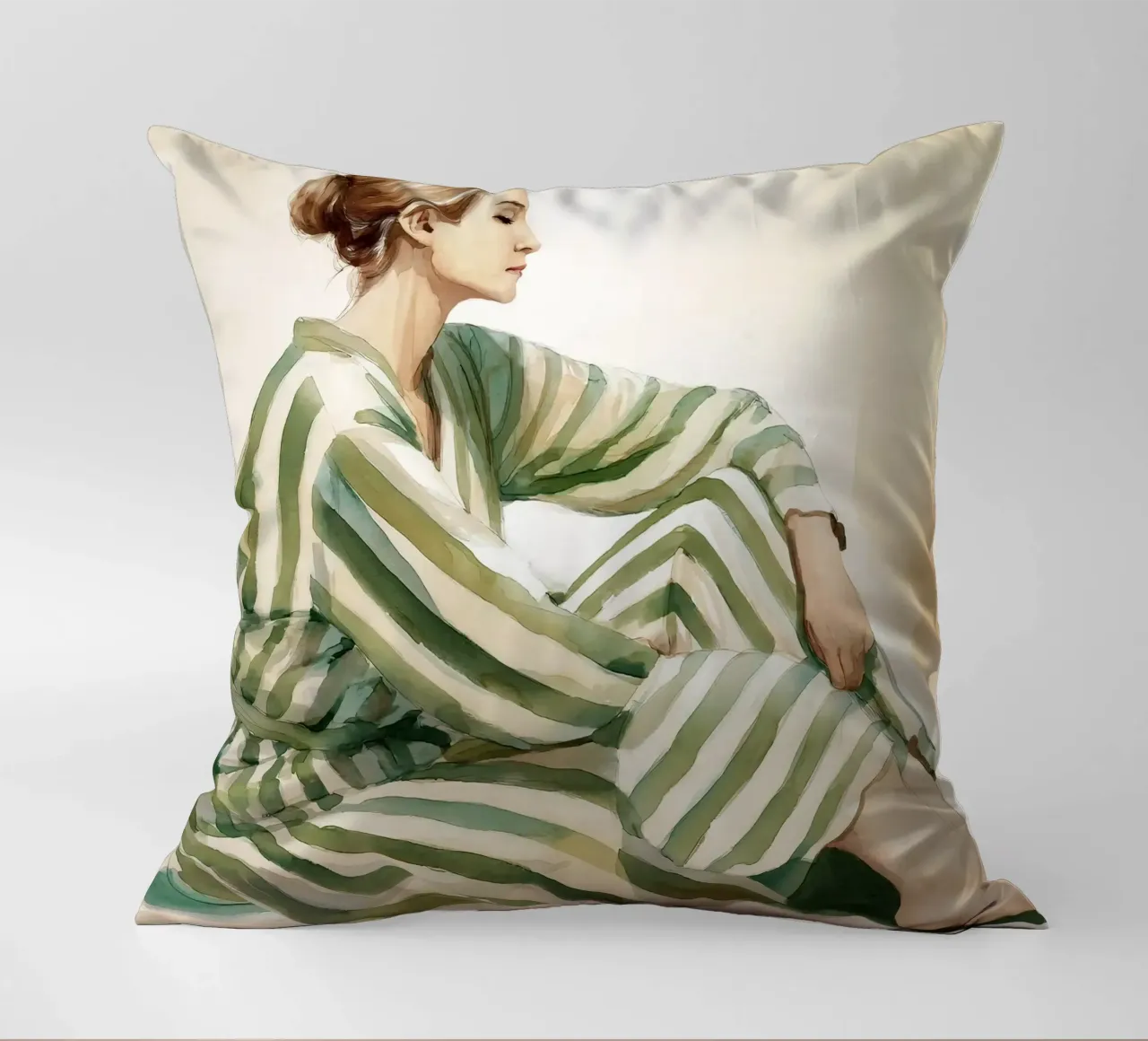 Portrait d'une femme assise, vêtue d'une robe verte à rayures coussin de Take Your Art BV