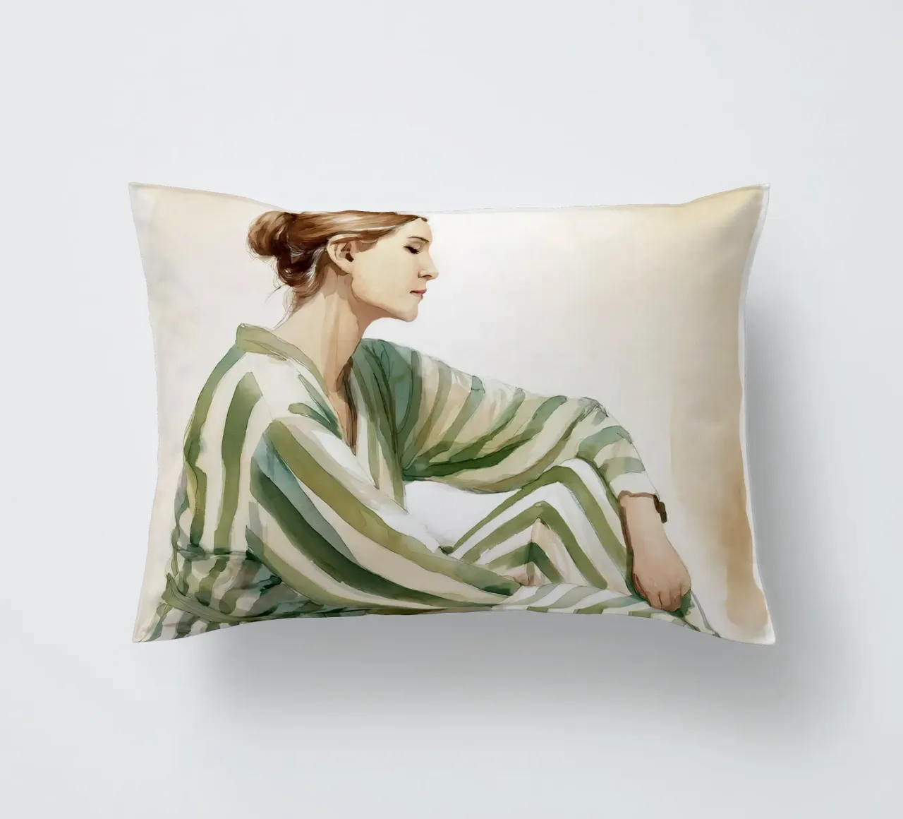 Portrait d'une femme assise, vêtue d'une robe verte à rayures coussin de Take Your Art BV