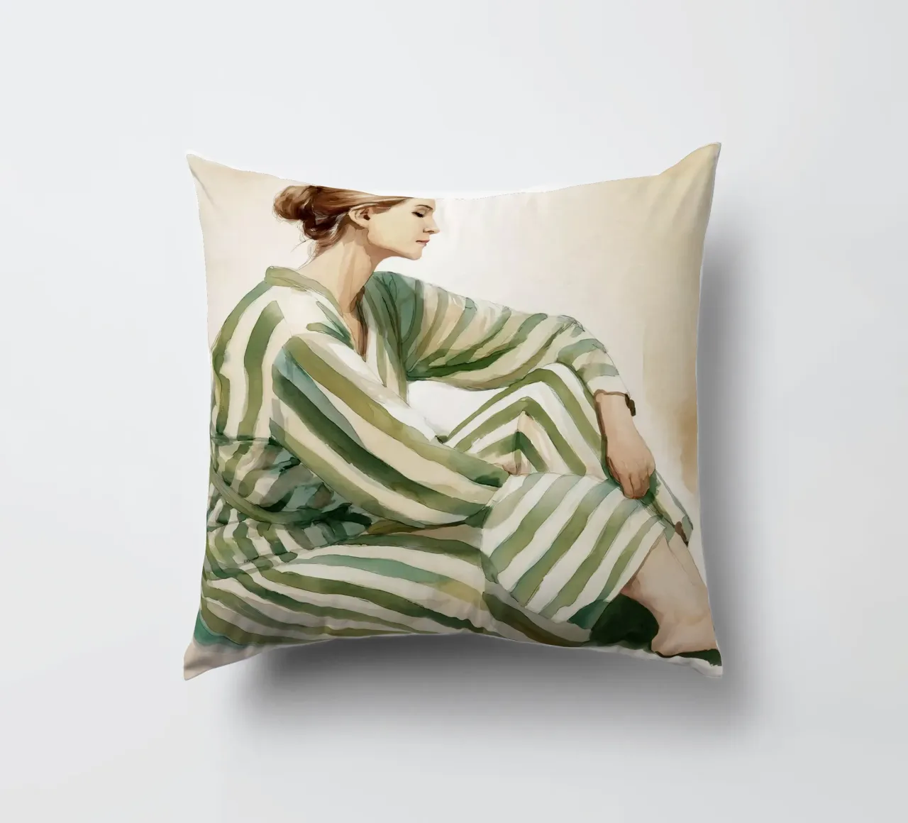 Portrait d'une femme assise, vêtue d'une robe verte à rayures coussin de Take Your Art BV