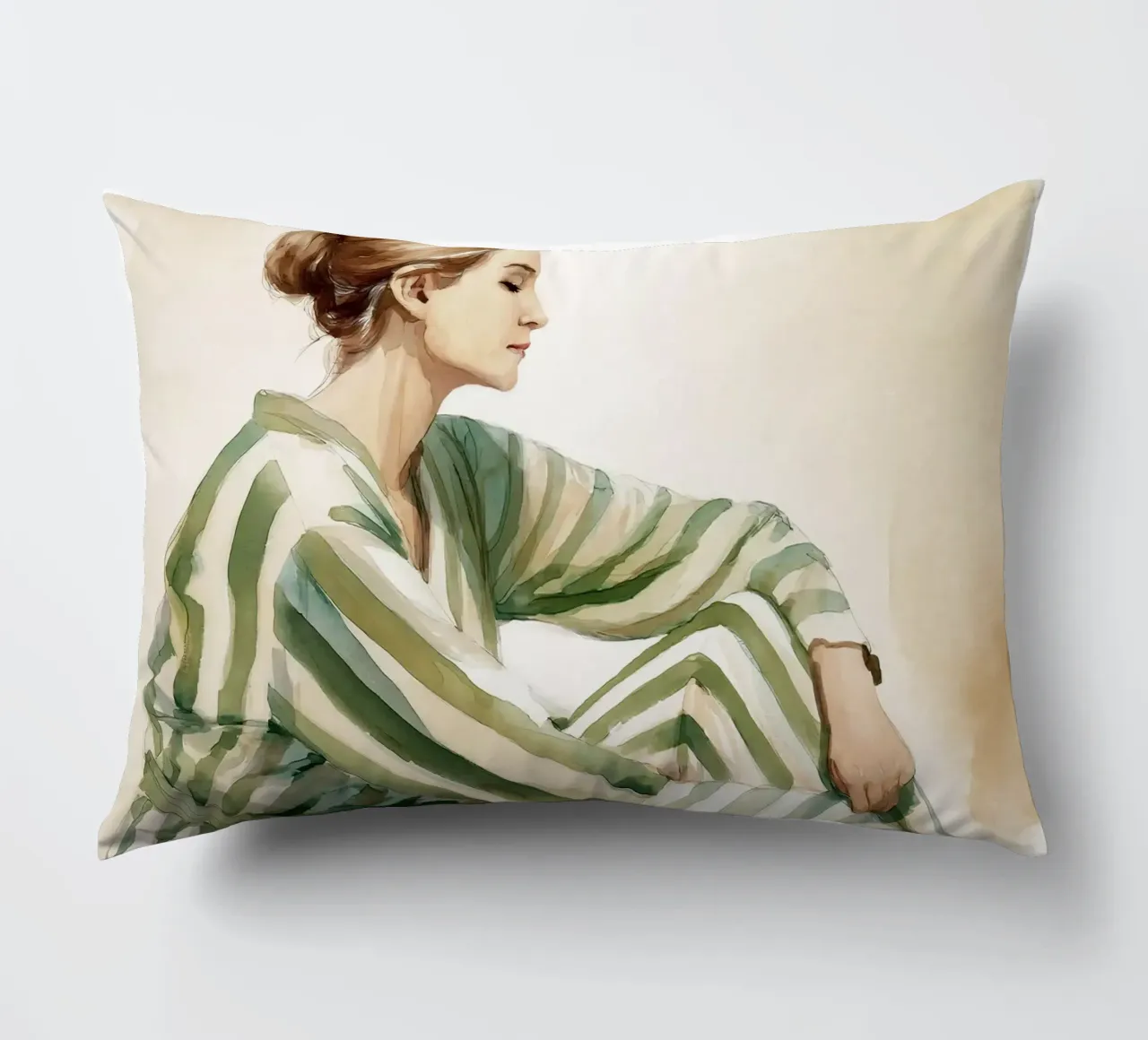 Portrait d'une femme assise, vêtue d'une robe verte à rayures coussin de Take Your Art BV