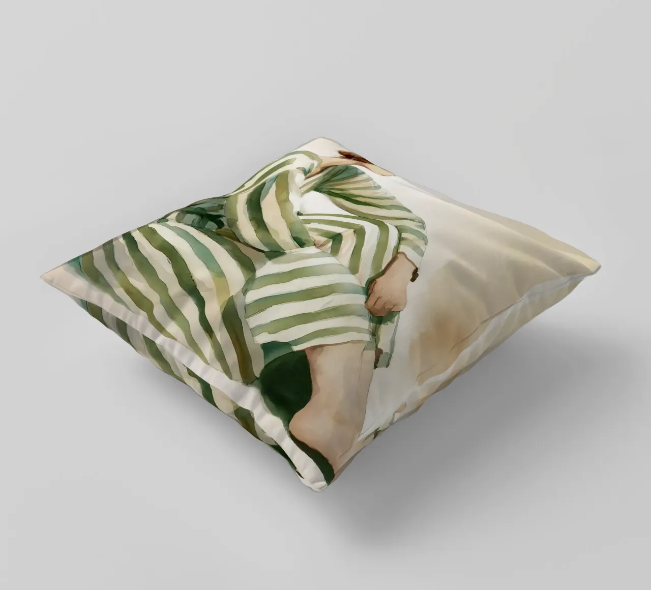 Portrait d'une femme assise, vêtue d'une robe verte à rayures coussin de Take Your Art BV
