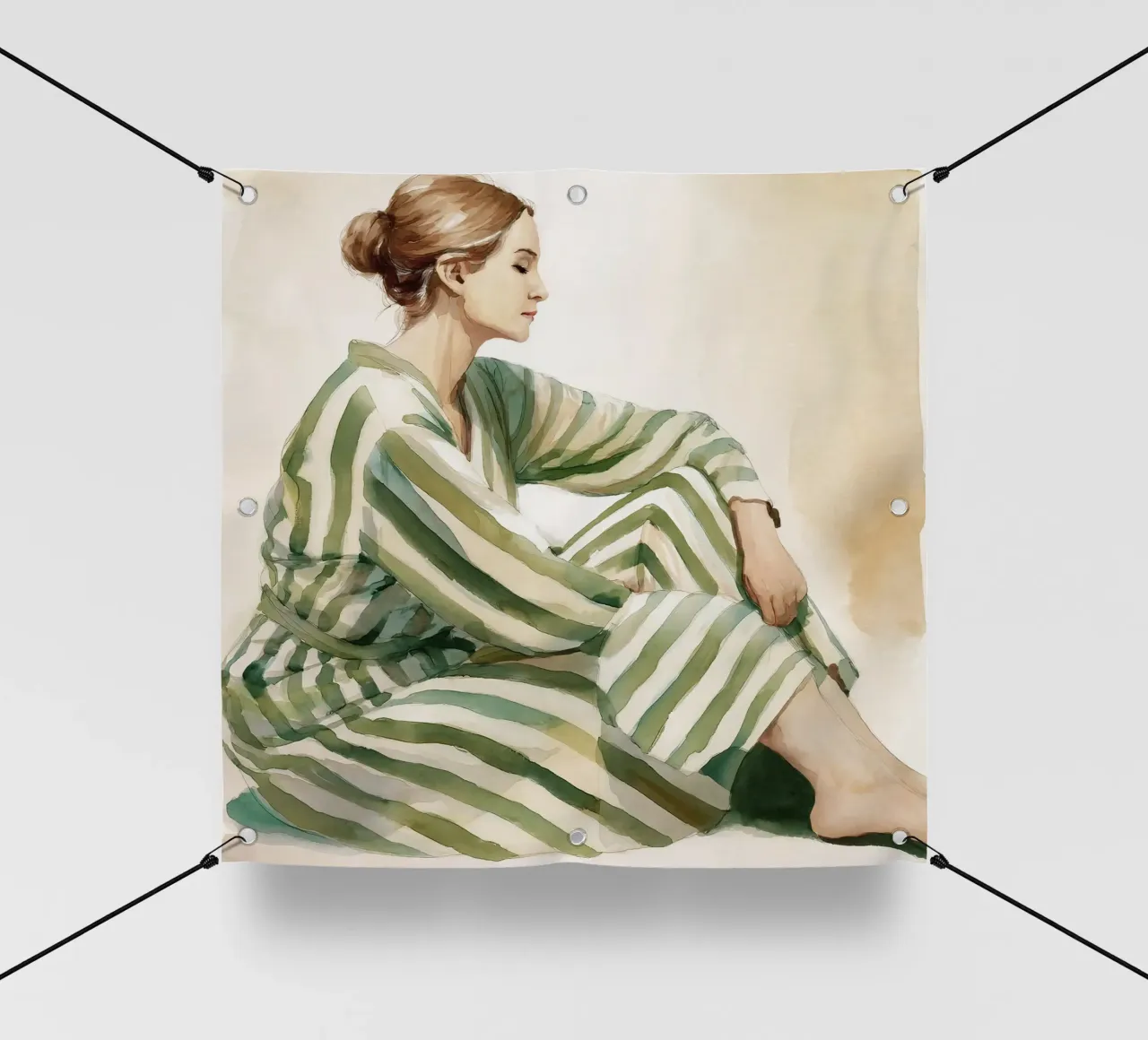 Ritratto di donna seduta con abito a righe verdi telo in pvc da Take Your Art BV