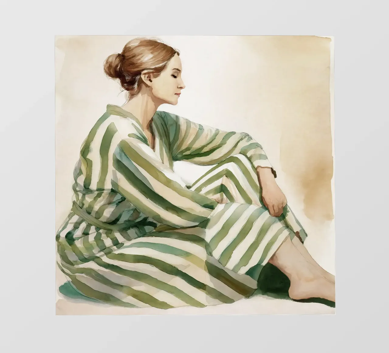 Ritratto di donna seduta con abito a righe verdi telo in pvc da Take Your Art BV