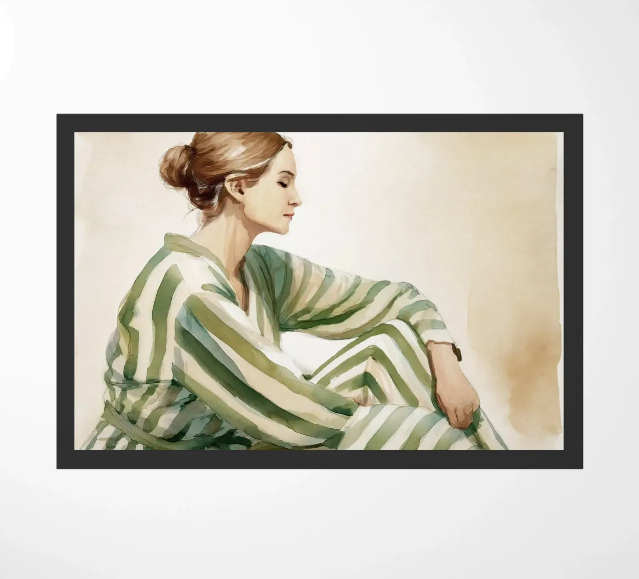 Portrait d'une femme assise, vêtue d'une robe verte à rayures paillasson de Take Your Art BV