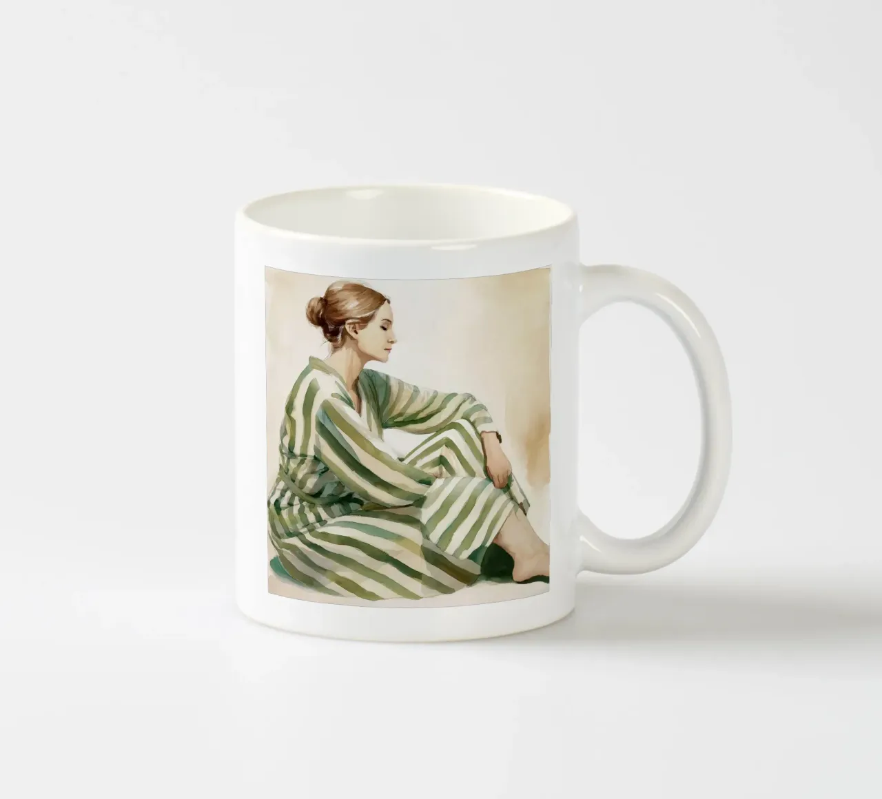 Ritratto di donna seduta con abito a righe verdi tazza in ceramica da Take Your Art BV
