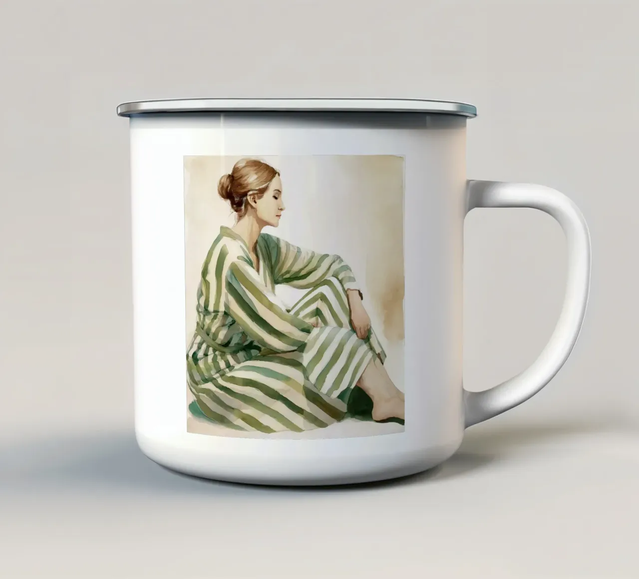 Ritratto di donna seduta con abito a righe verdi tazza in smalto da Take Your Art BV