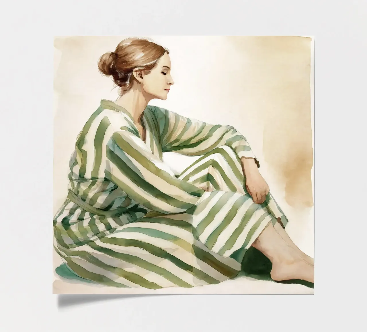 Portrait d'une femme assise, vêtue d'une robe verte à rayures planche autocollant de Take Your Art BV