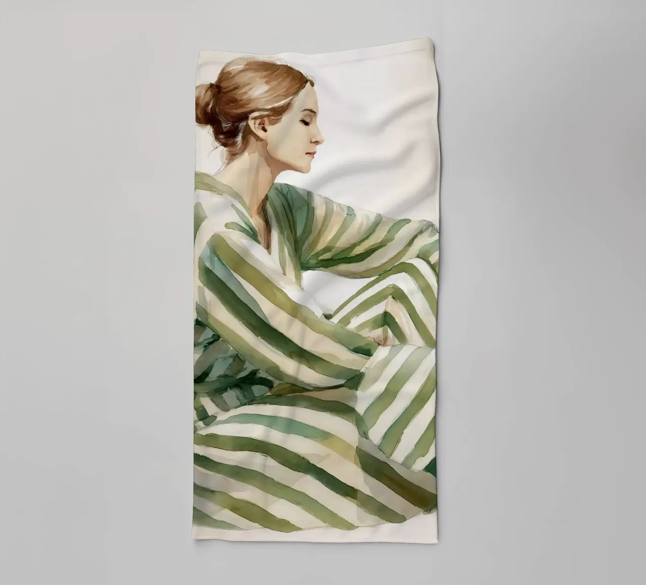 Portrait d'une femme assise, vêtue d'une robe verte à rayures serviette de bain de Take Your Art BV