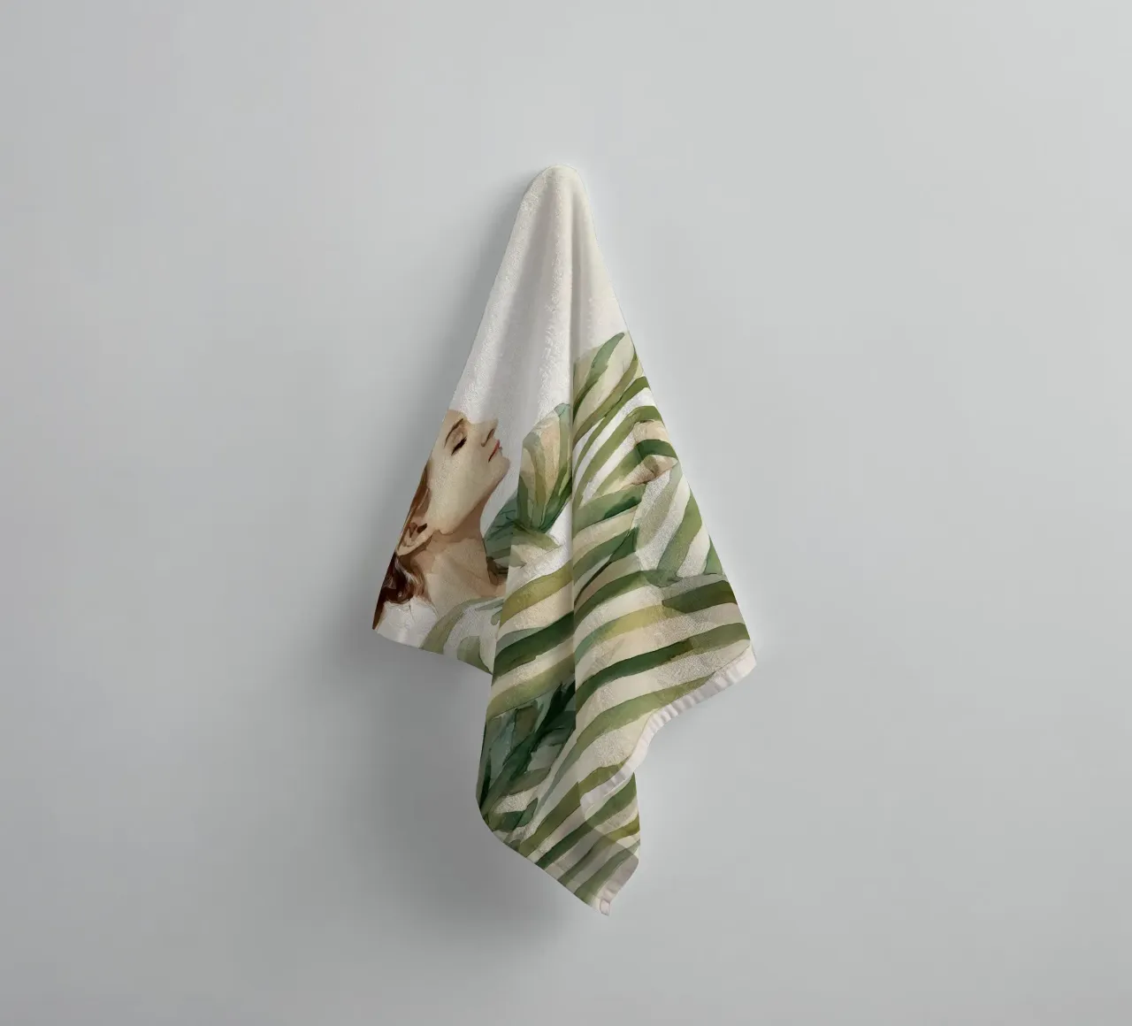 Portrait d'une femme assise, vêtue d'une robe verte à rayures serviette de bain de Take Your Art BV