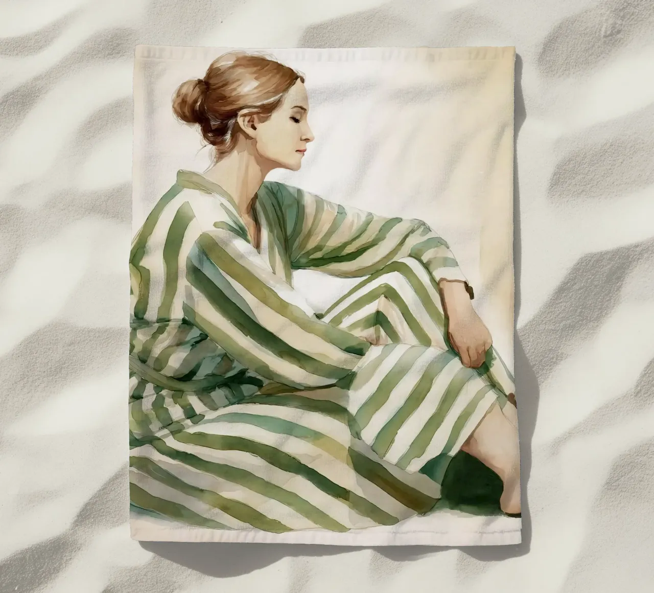 Portrait d'une femme assise, vêtue d'une robe verte à rayures serviette de plage de Take Your Art BV
