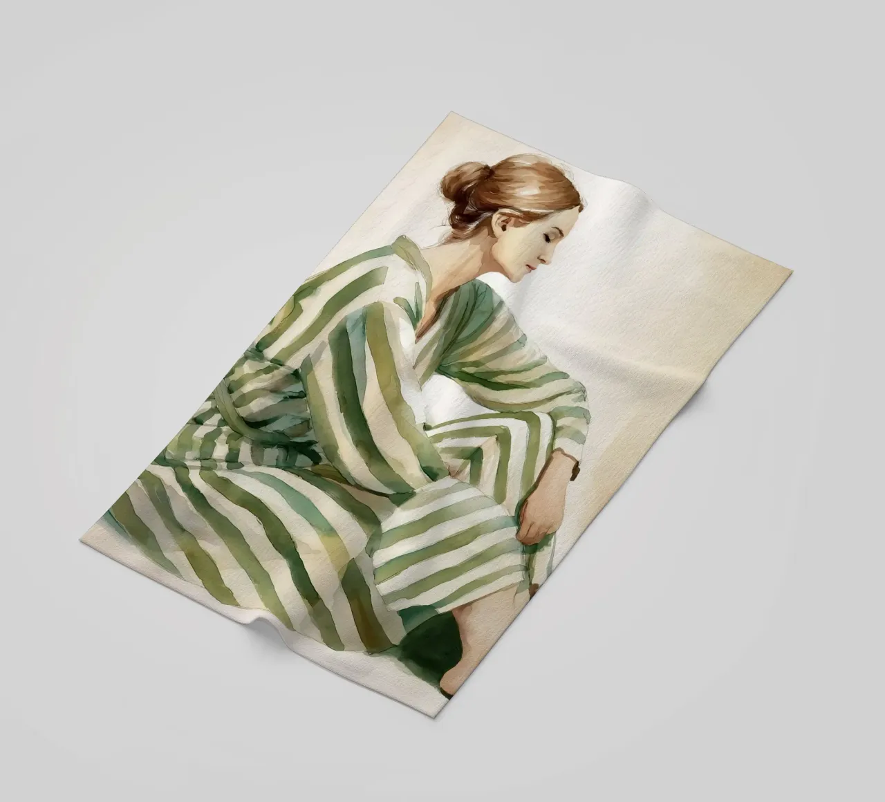 Portrait d'une femme assise, vêtue d'une robe verte à rayures serviette de plage de Take Your Art BV