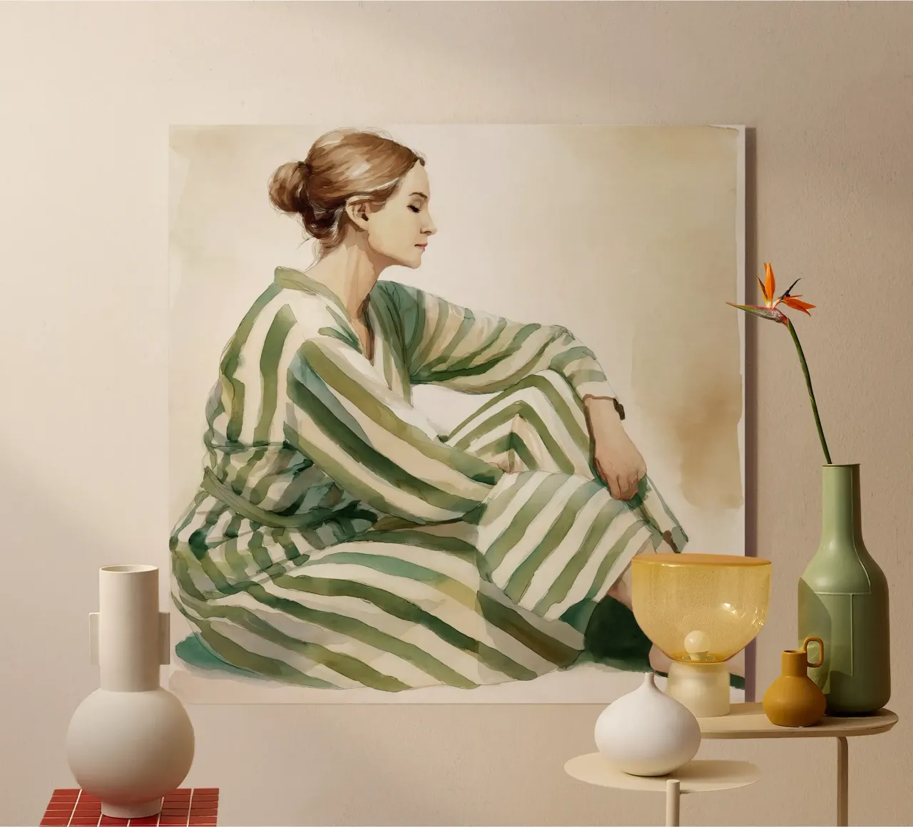 Portrait d'une femme assise, vêtue d'une robe verte à rayures plexiglas de Take Your Art BV