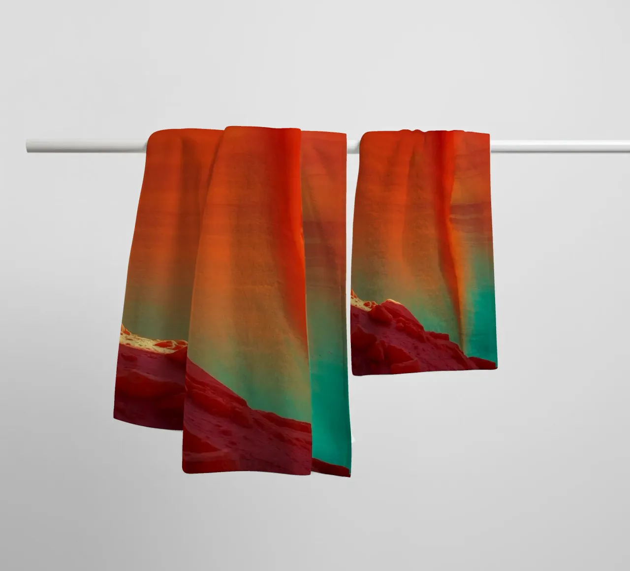Solar flare illuminating orange cliffs in enchanting desert towel by DesignDoodle