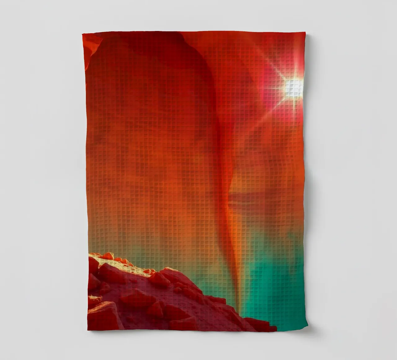 Sonneneruption beleuchtet orangefarbene Klippen in der bezaubernden Wüste Geschirrtuch von DesignDoodle