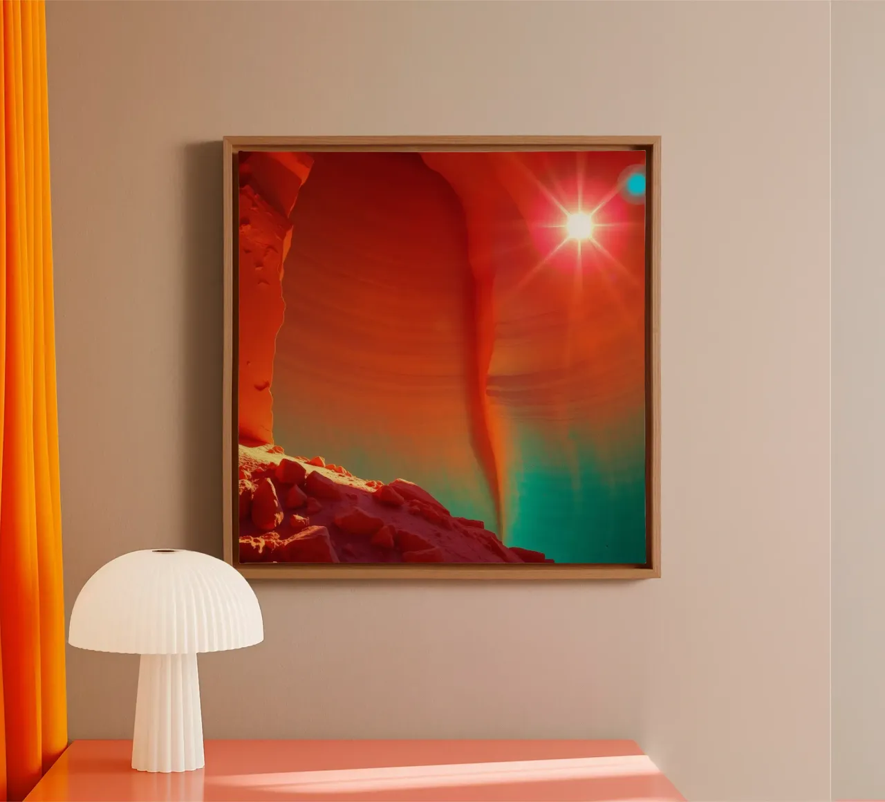 Solar flare illuminating orange cliffs in enchanting desert canvas with Floater frame by DesignDoodle