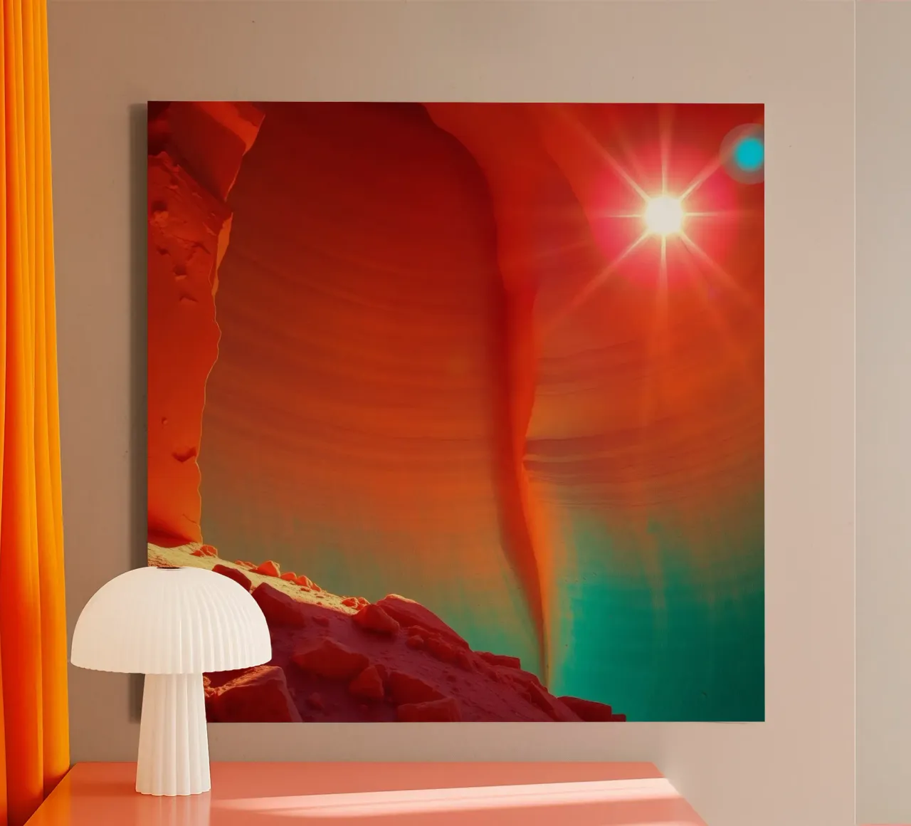 Solar flare illuminating orange cliffs in enchanting desert canvas with Floater frame by DesignDoodle