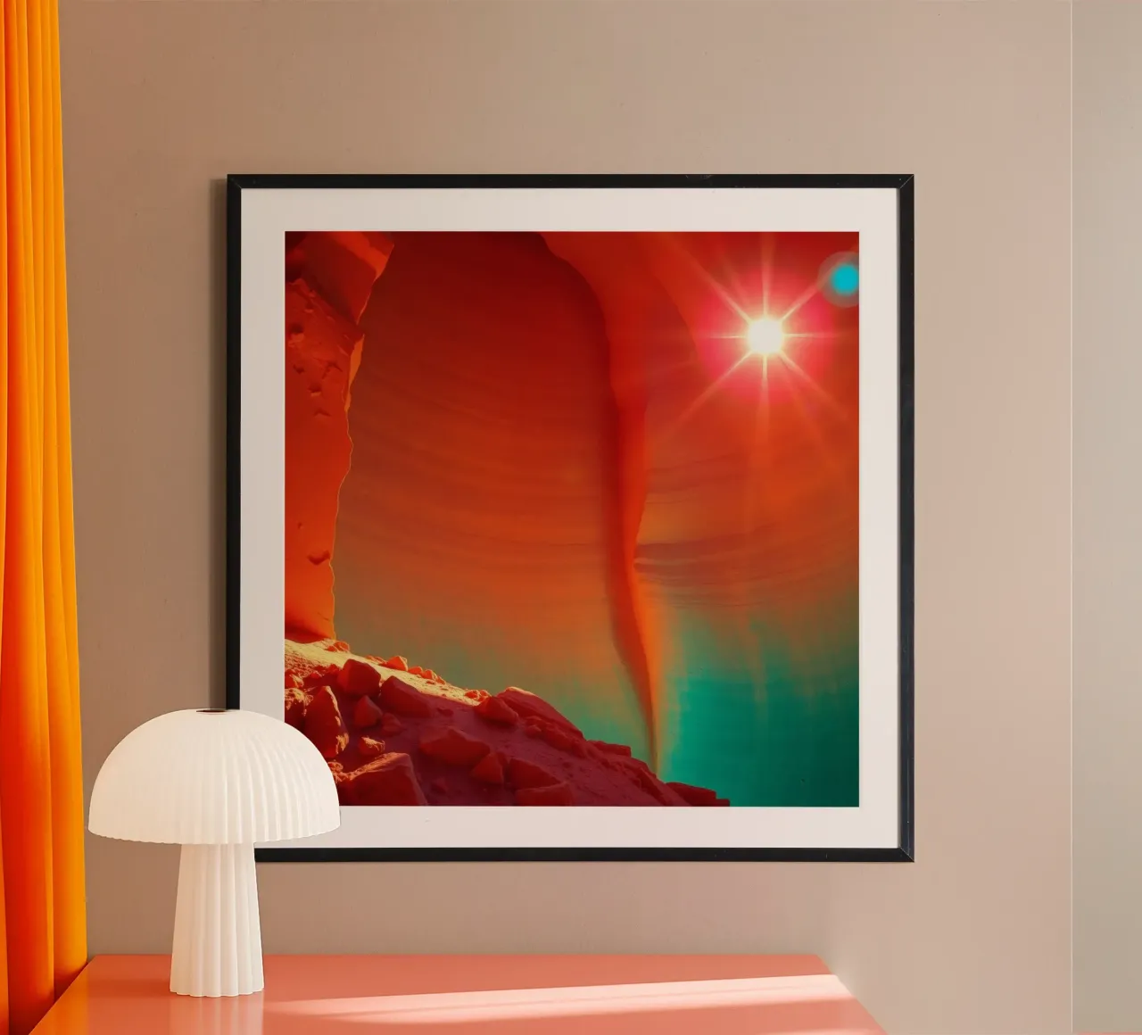 Solar flare illuminating orange cliffs in enchanting desert poster by DesignDoodle