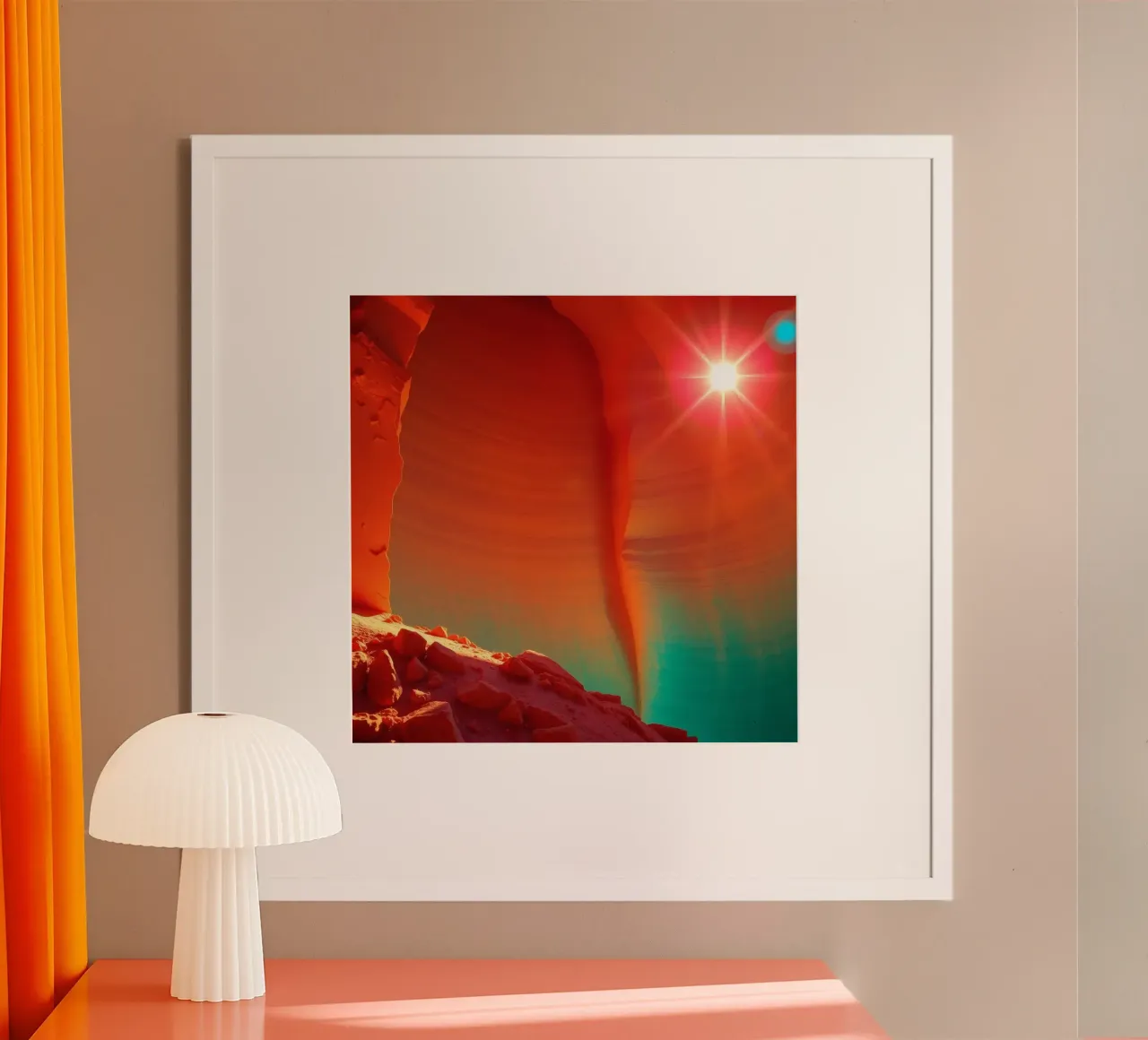 Solar flare illuminating orange cliffs in enchanting desert poster by DesignDoodle