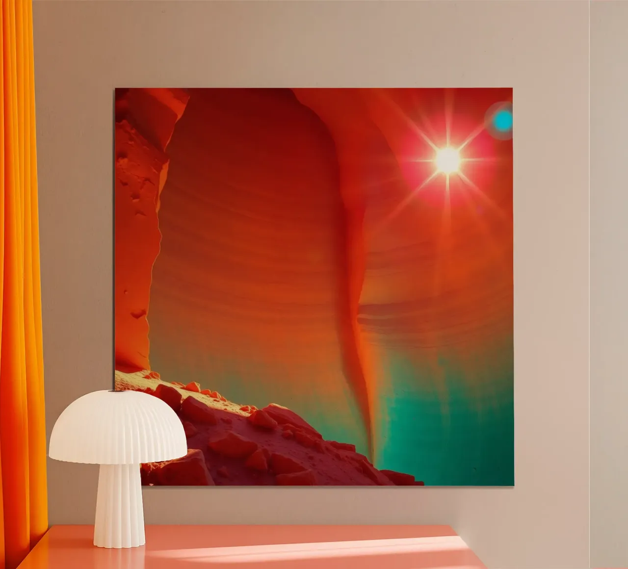 Solar flare illuminating orange cliffs in enchanting desert poster by DesignDoodle