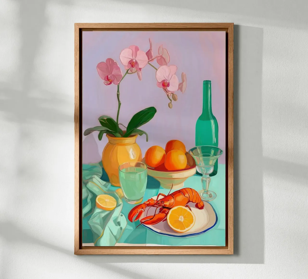 Natura morta con aragosta, orchidee e agrumi tela con Cornice a cassetta da Melloi Art Print