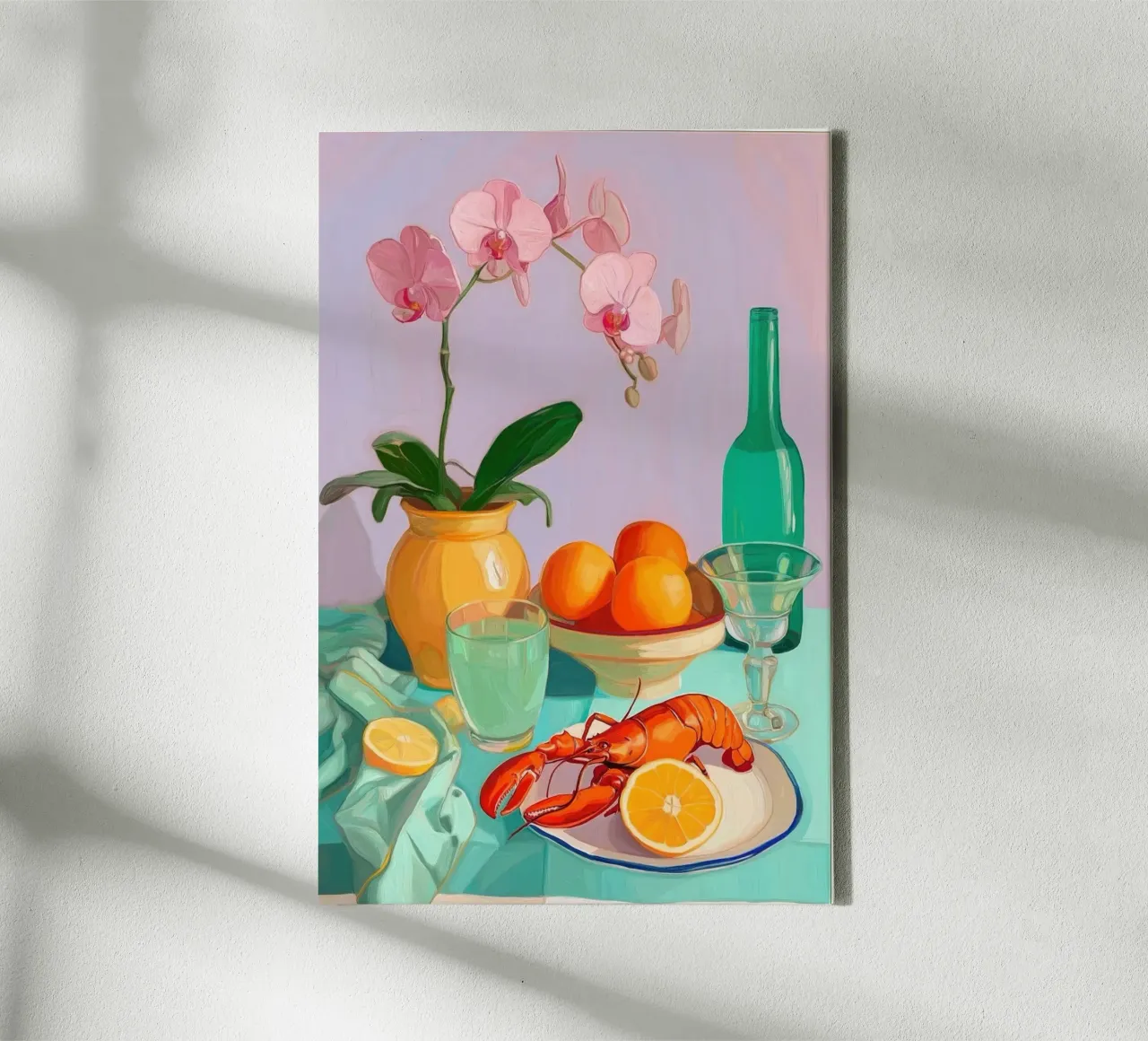 Natura morta con aragosta, orchidee e agrumi tela con Cornice a cassetta da Melloi Art Print