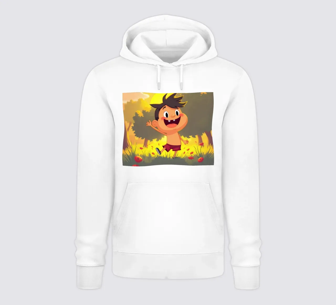 Bambino felice che gioca in un prato pieno di sole felpa con cappuccio da DesignDoodle