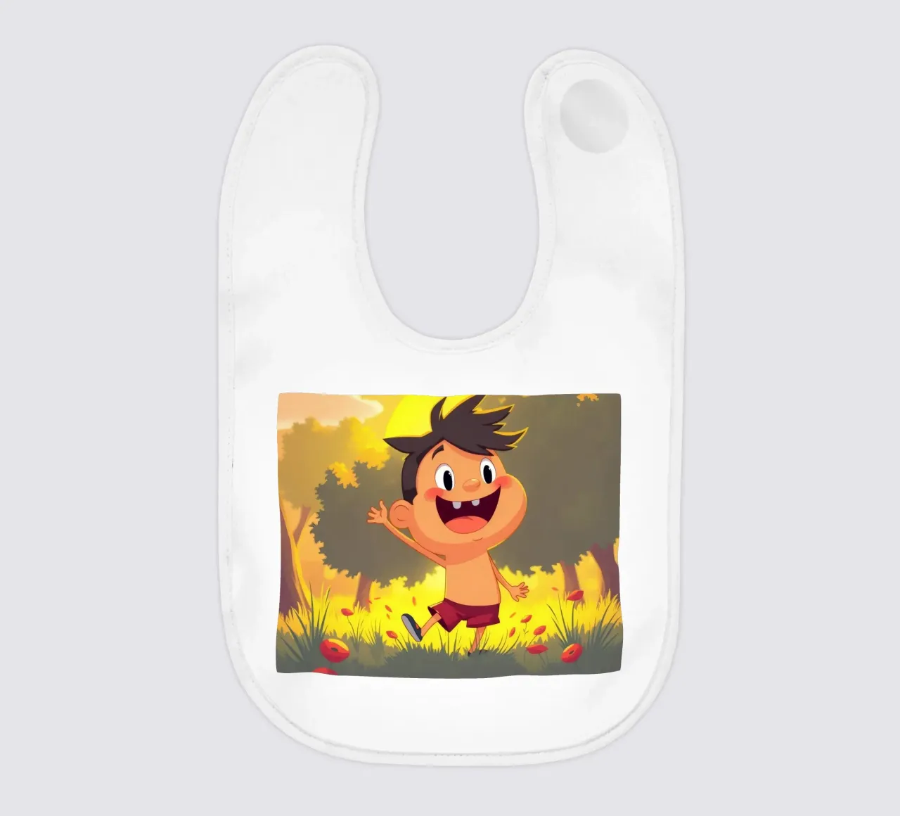 Bambino felice che gioca in un prato pieno di sole bavaglino da DesignDoodle