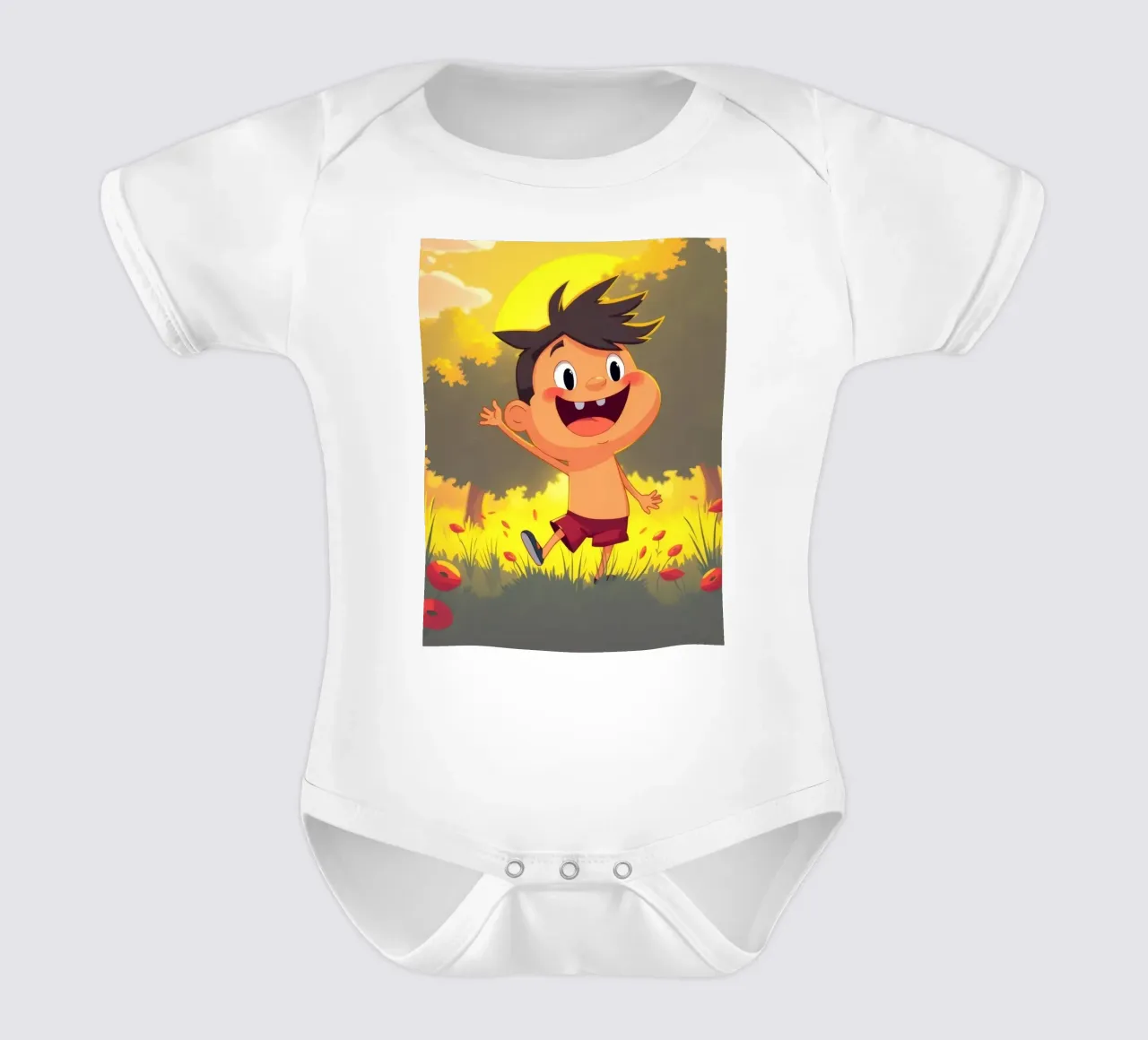 Bambino felice che gioca in un prato pieno di sole body neonato maniche corte da DesignDoodle