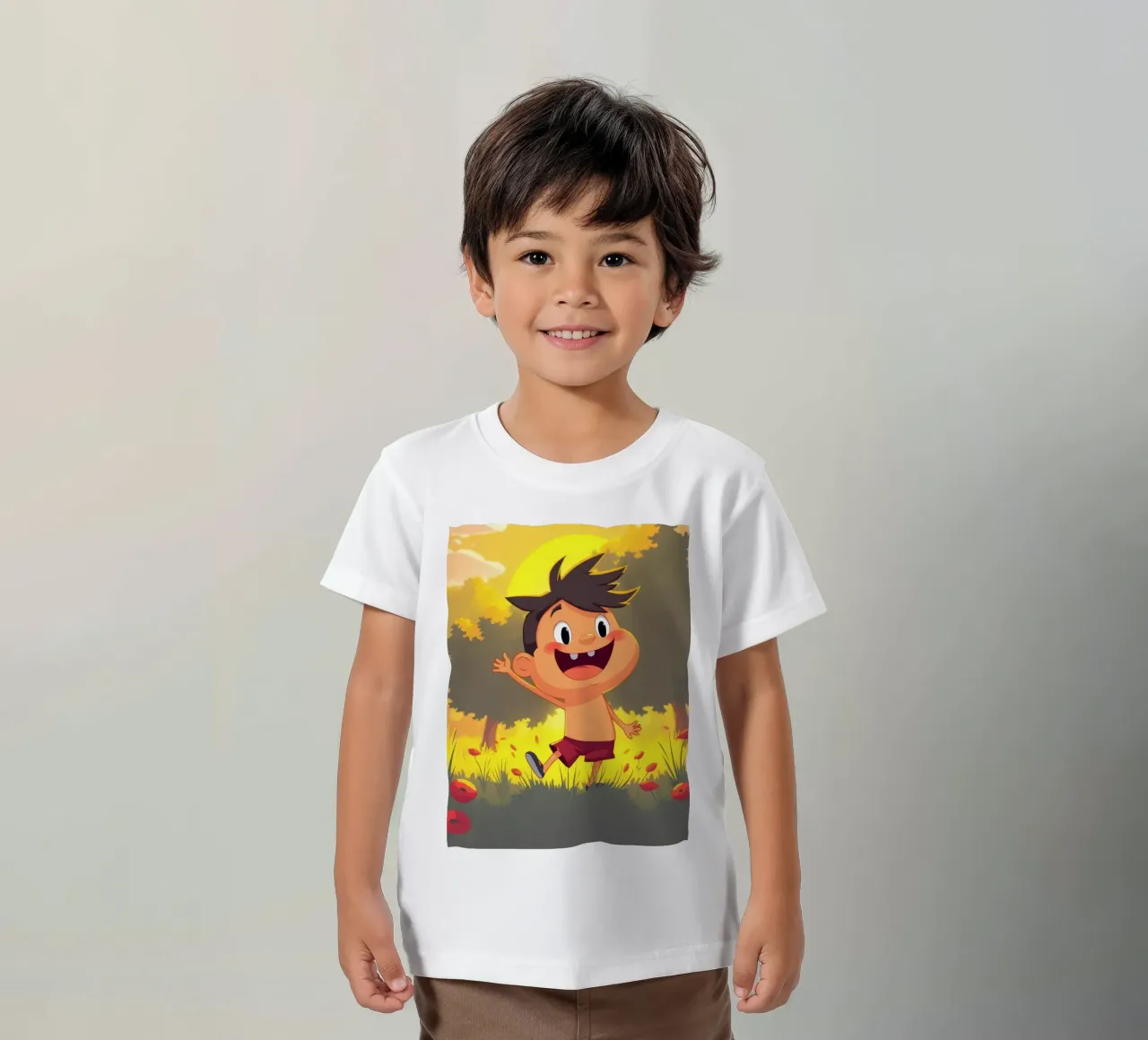 Glückliches Kind spielt auf einer sonnigen Wiese voller Kinder T-Shirt von DesignDoodle