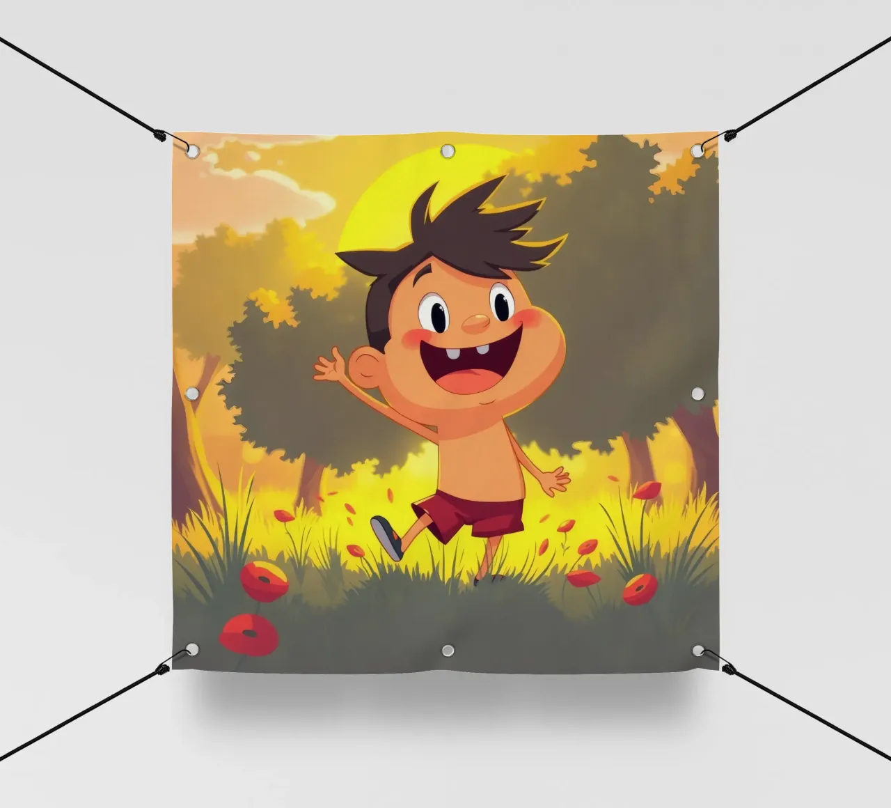 Bambino felice che gioca in un prato pieno di sole telo in pvc da DesignDoodle