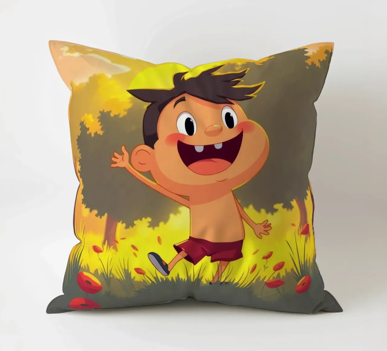 Bambino felice che gioca in un prato pieno di sole cuscino da DesignDoodle