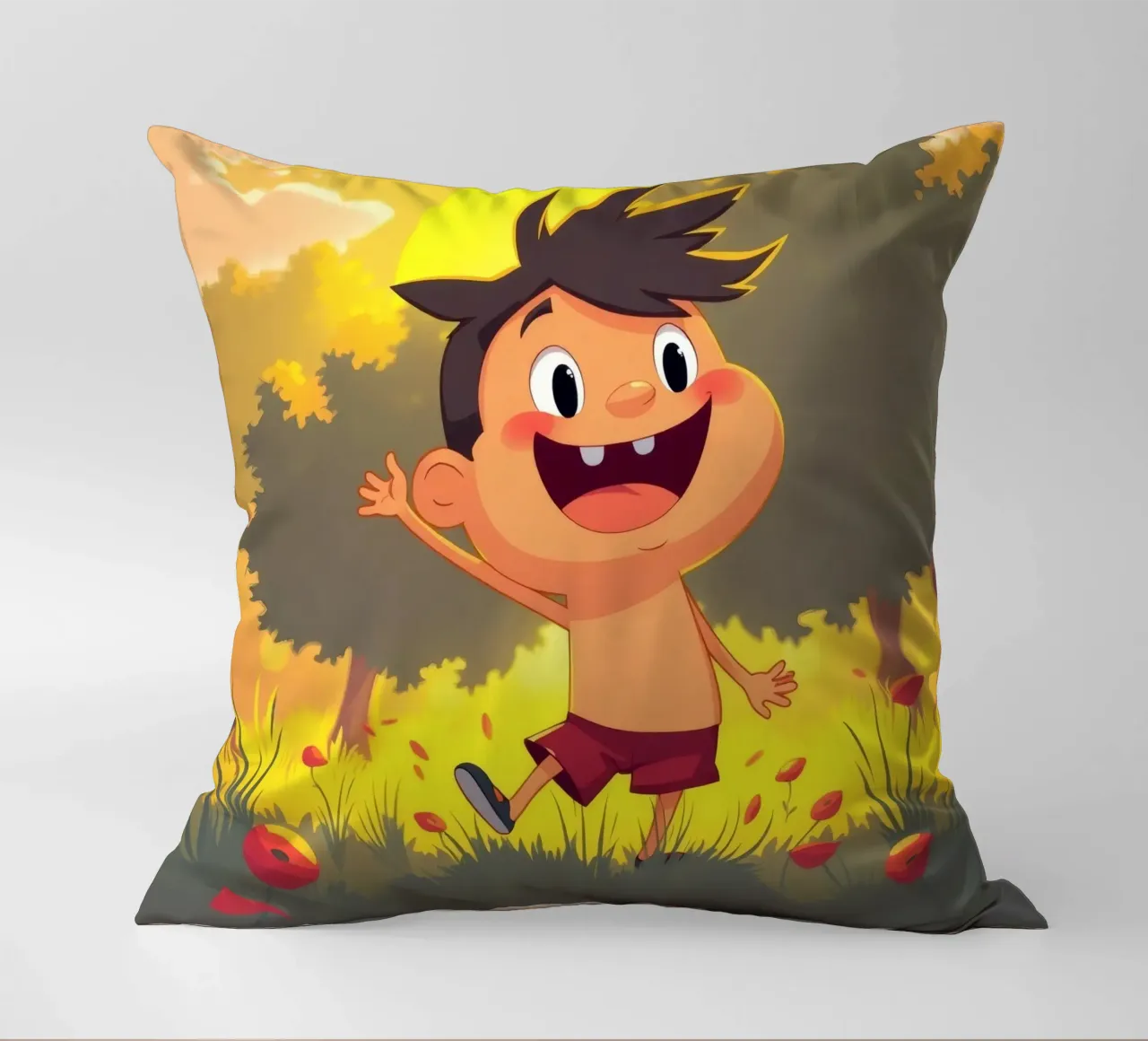 Bambino felice che gioca in un prato pieno di sole cuscino da DesignDoodle