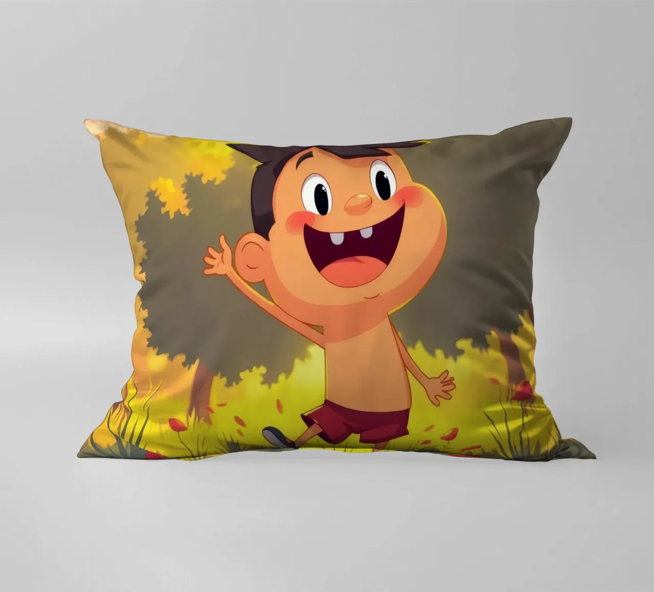 Bambino felice che gioca in un prato pieno di sole cuscino da DesignDoodle