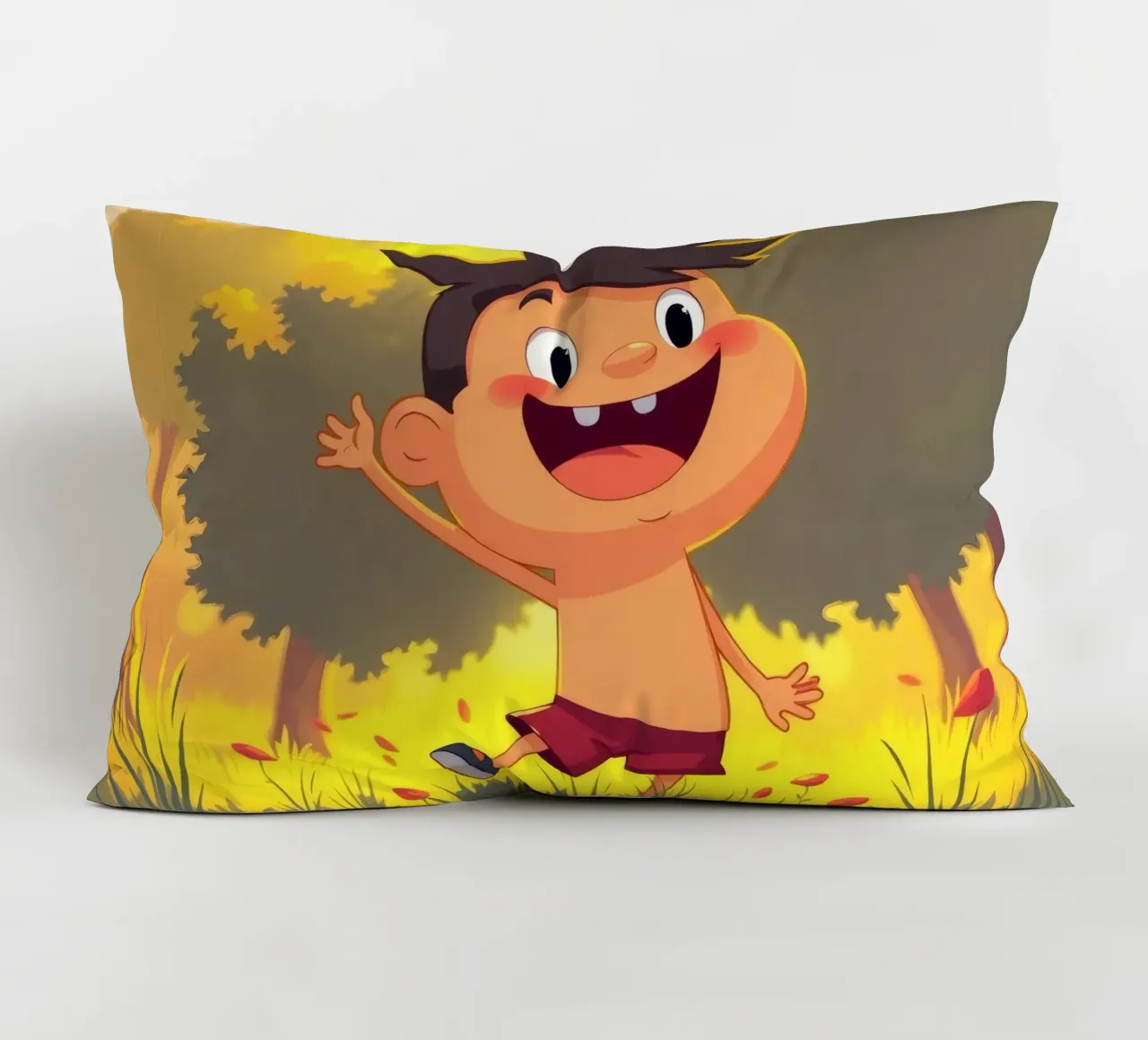 Bambino felice che gioca in un prato pieno di sole cuscino da DesignDoodle