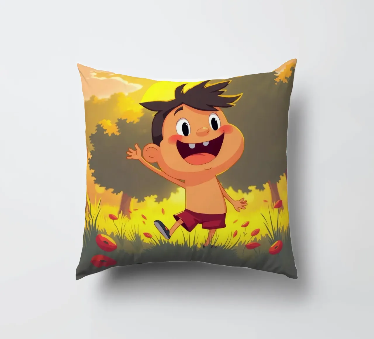 Bambino felice che gioca in un prato pieno di sole cuscino da DesignDoodle