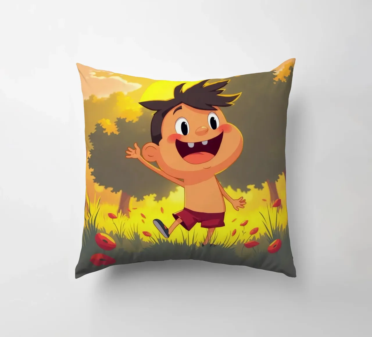 Bambino felice che gioca in un prato pieno di sole cuscino da DesignDoodle