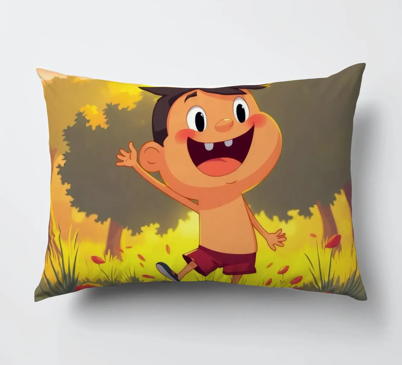 Bambino felice che gioca in un prato pieno di sole cuscino da DesignDoodle