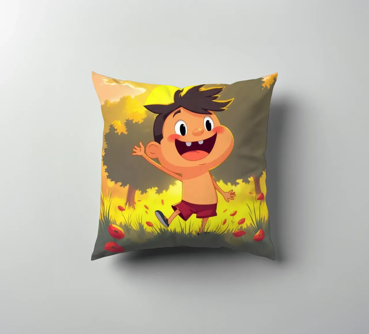 Bambino felice che gioca in un prato pieno di sole cuscino da DesignDoodle