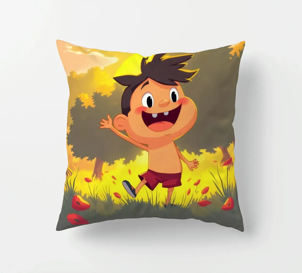 Bambino felice che gioca in un prato pieno di sole cuscino da DesignDoodle