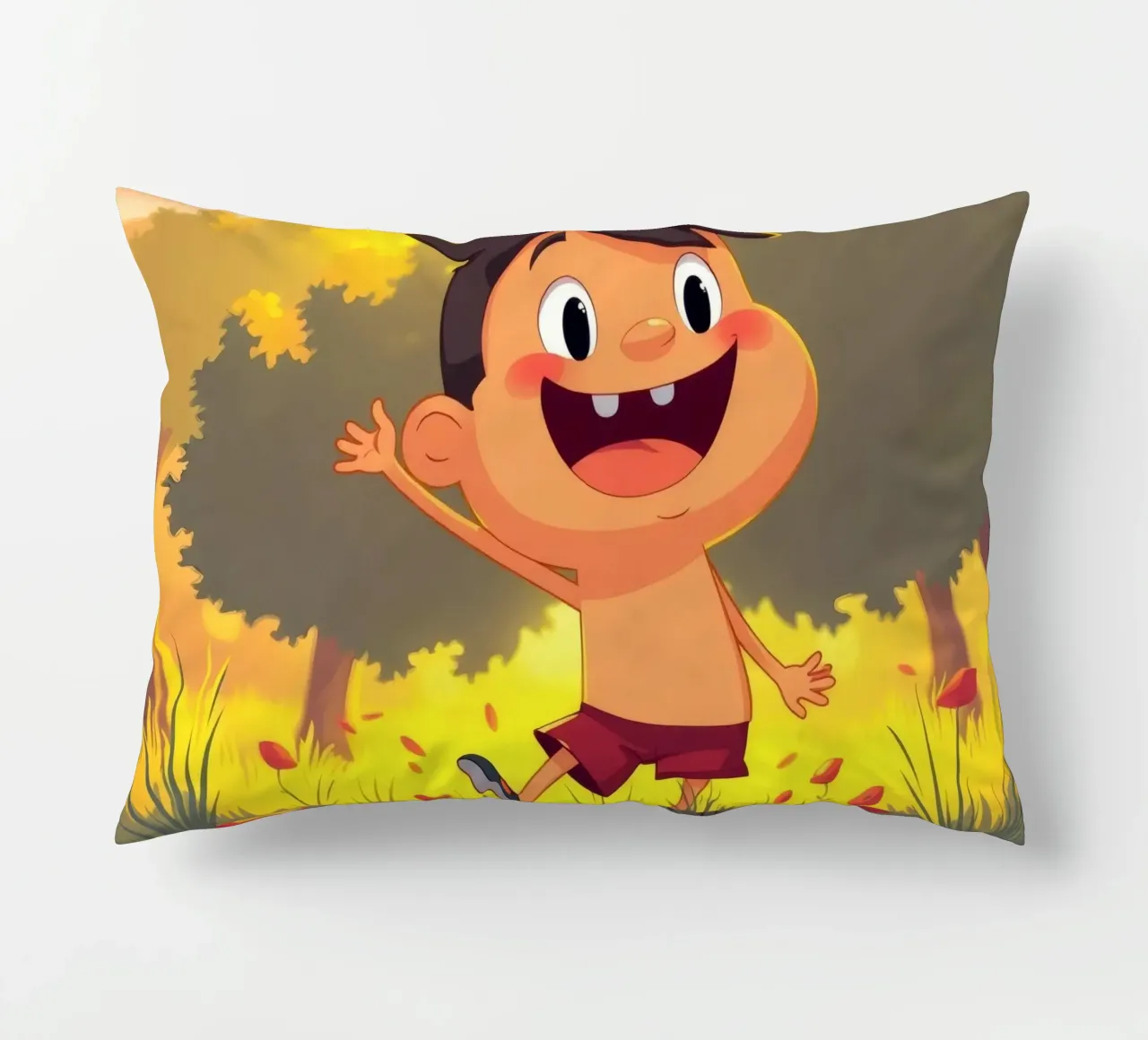 Bambino felice che gioca in un prato pieno di sole cuscino da DesignDoodle
