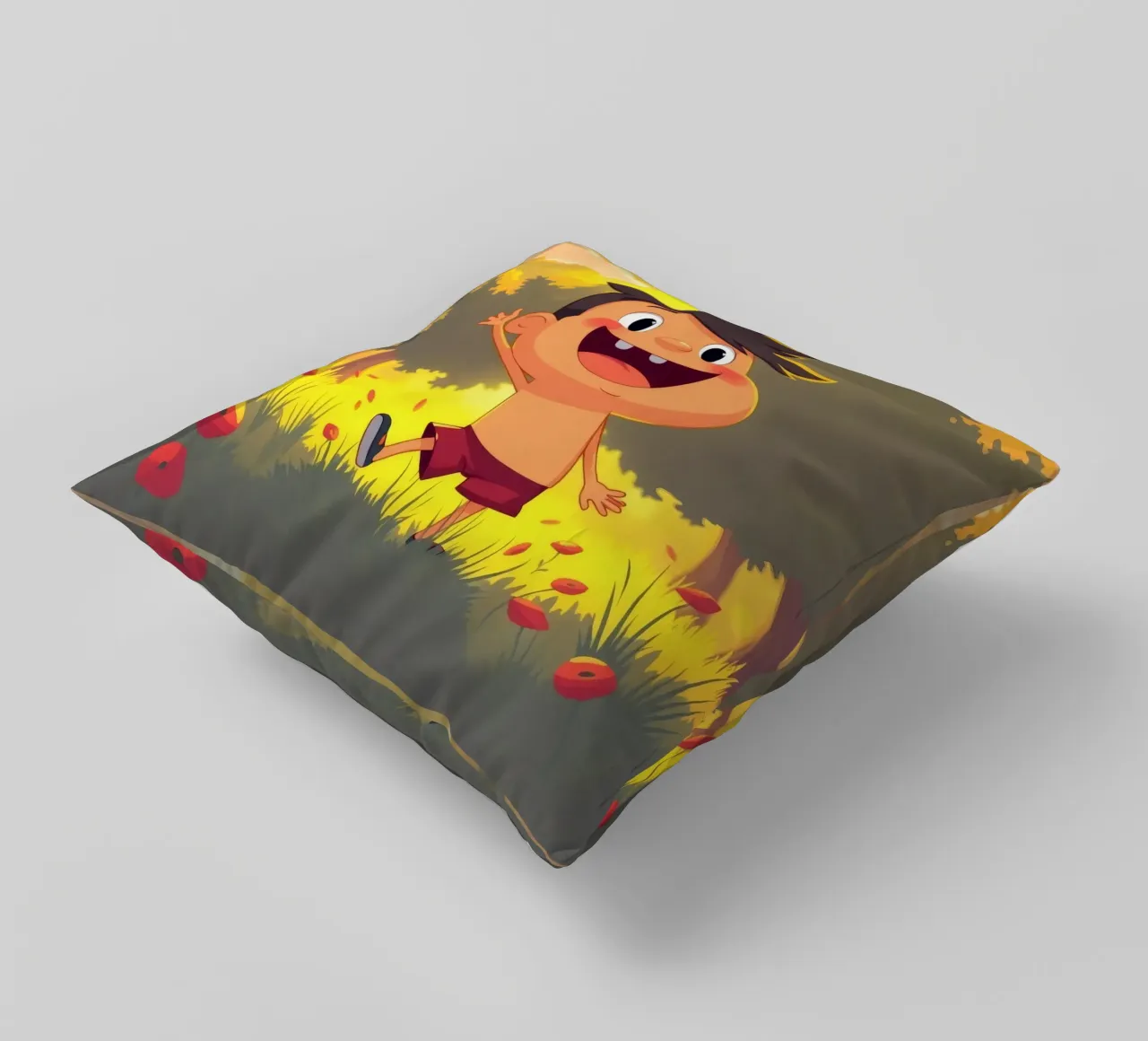 Bambino felice che gioca in un prato pieno di sole cuscino da DesignDoodle