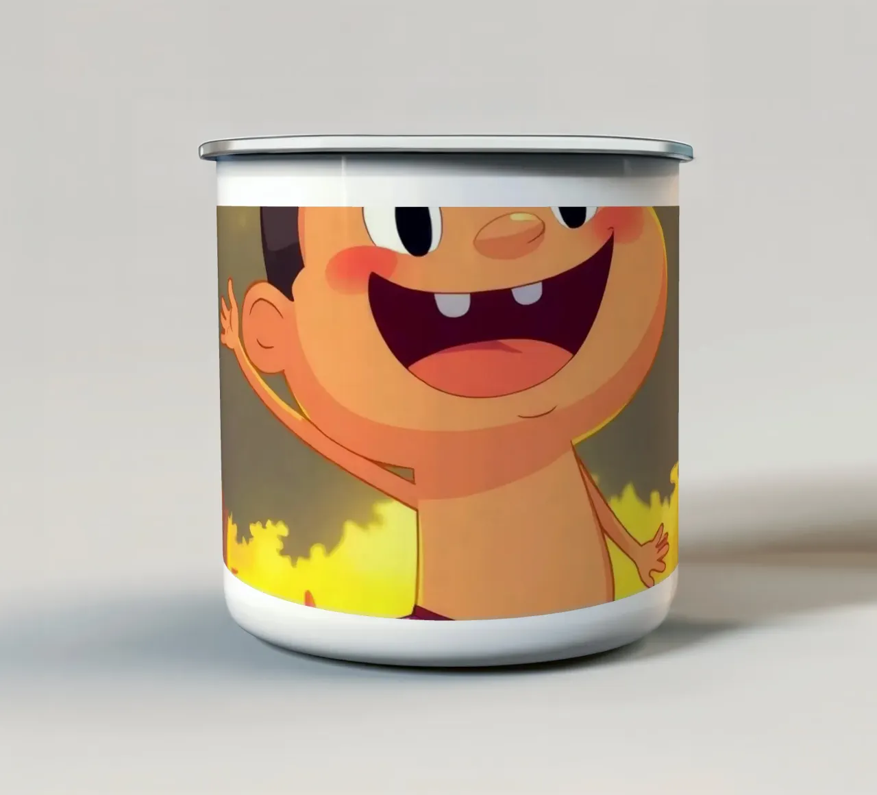Vrolijk spelend kind in een zonnige weide emaille mok van DesignDoodle