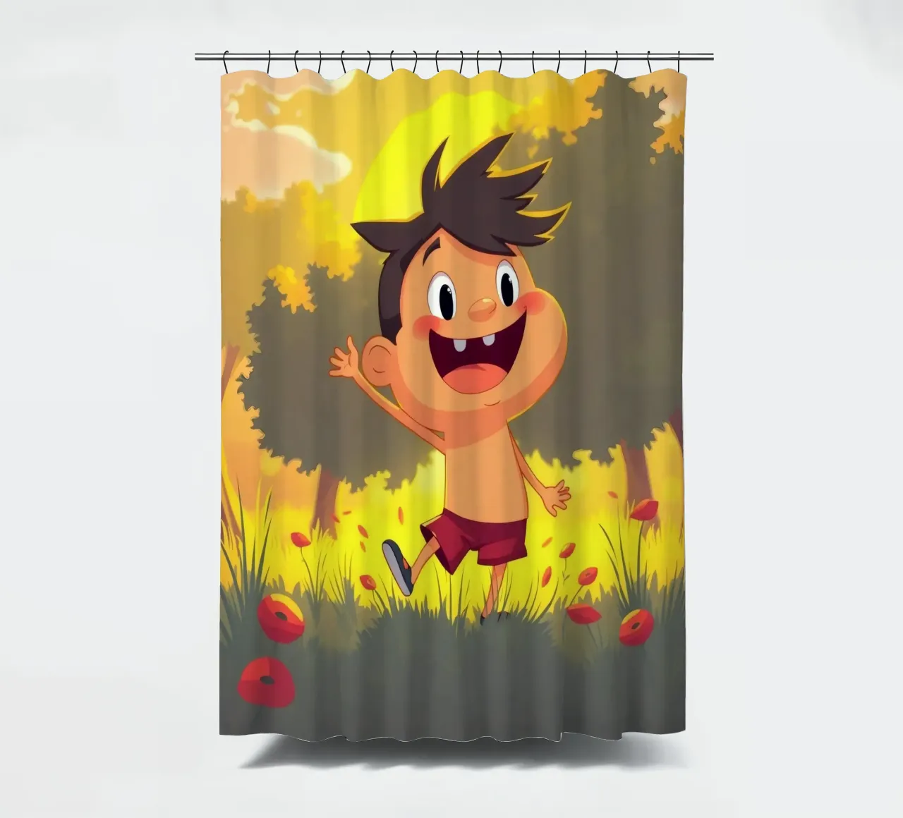 Bambino felice che gioca in un prato pieno di sole tenda da doccia da DesignDoodle