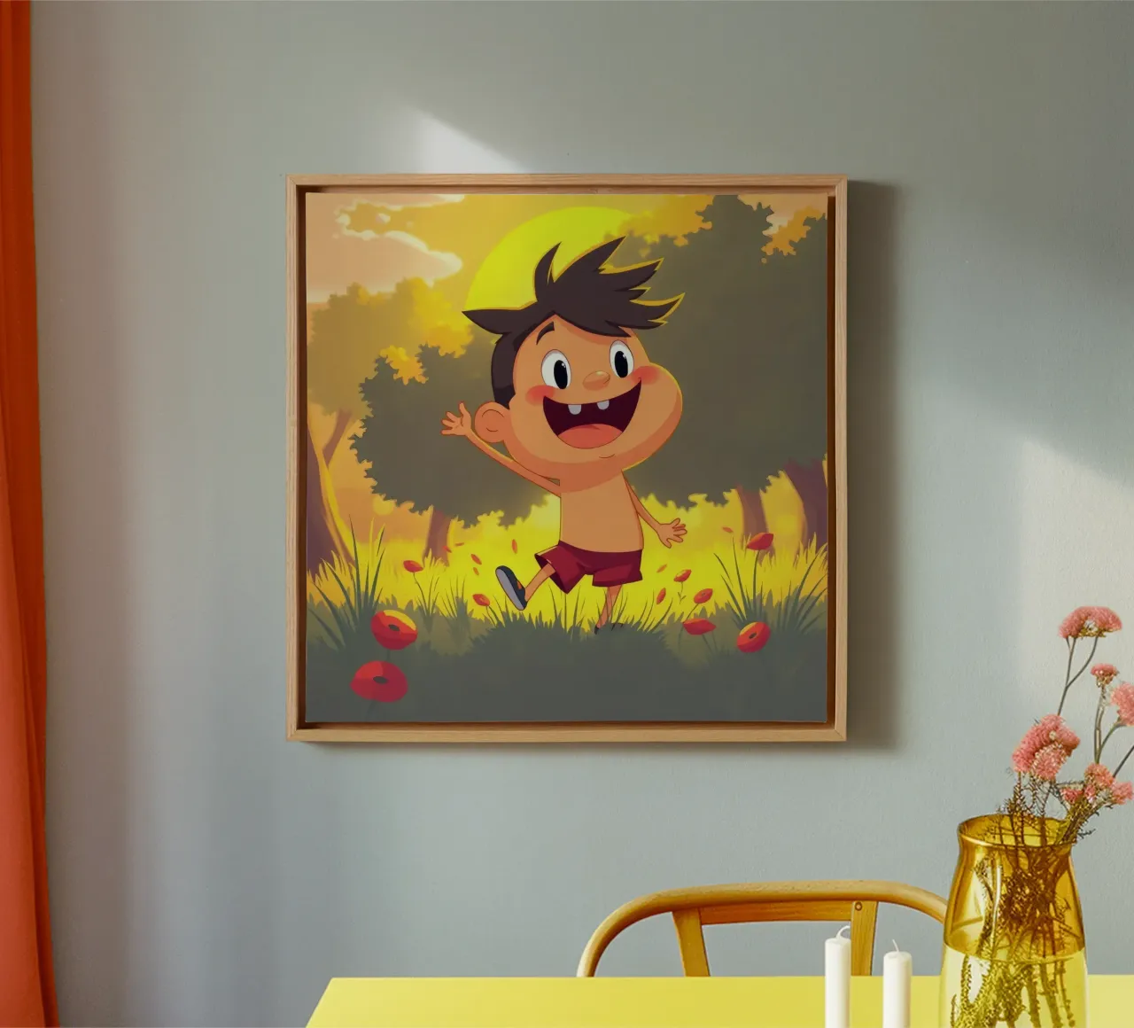 Vrolijk spelend kind in een zonnige weide canvas met Baklijst van DesignDoodle