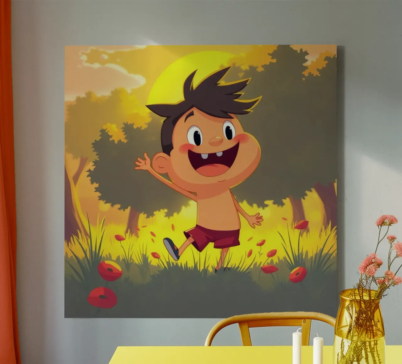 Vrolijk spelend kind in een zonnige weide canvas met Baklijst van DesignDoodle