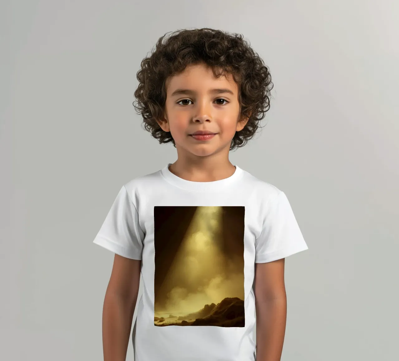 La luce dorata illumina un paesaggio roccioso pieno di nebbia t-shirt bambini da DesignDoodle