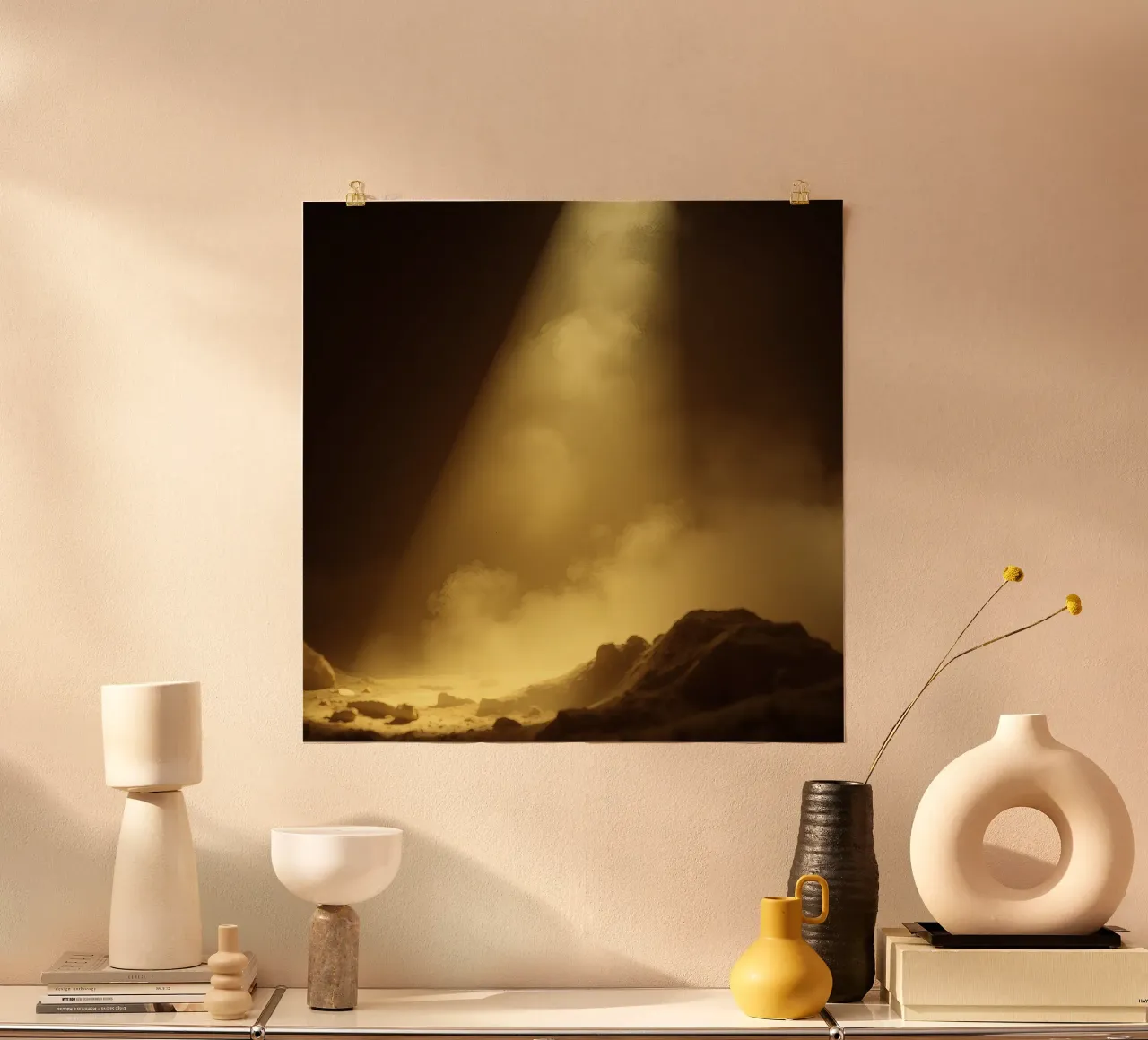 La luce dorata illumina un paesaggio roccioso pieno di nebbia poster con telaio in alluminio da DesignDoodle